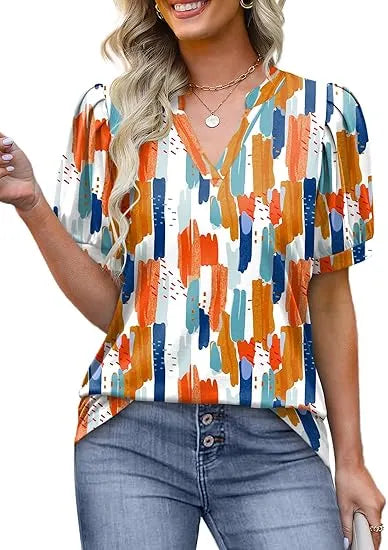 Limited time sale Women's V Neck Floral Print Vintage Shirt Fashion T-Shirt