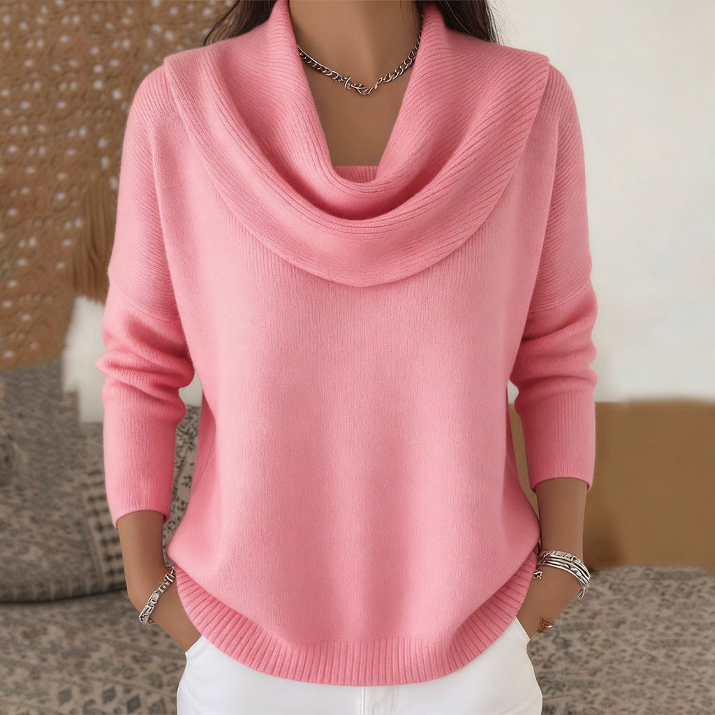Women Cowl Collar Knit Sweater Solid Color Long Sleeve Pullover Casual Knit Top