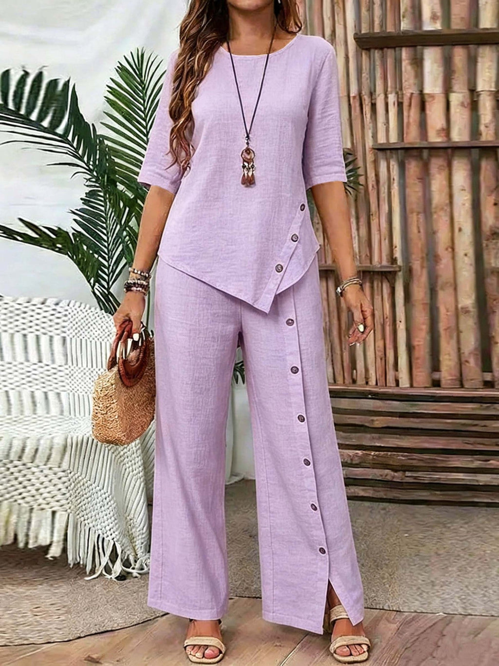 Women Irregular Hem Button Detail Top & Side Slit Wide Leg Pants 2 Piece Linen Look Set