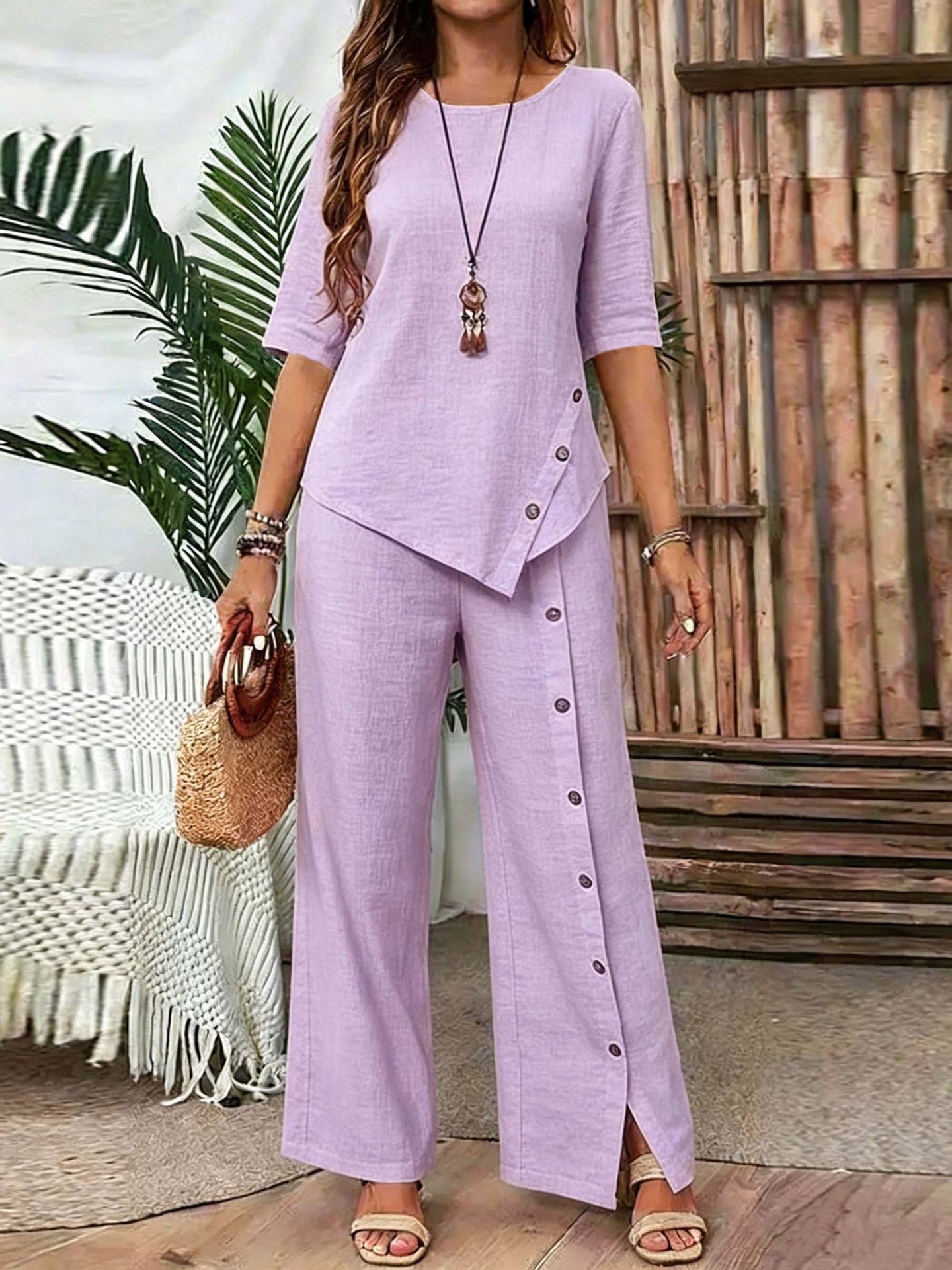 Women Irregular Hem Button Detail Top & Side Slit Wide Leg Pants 2 Piece Linen Look Set
