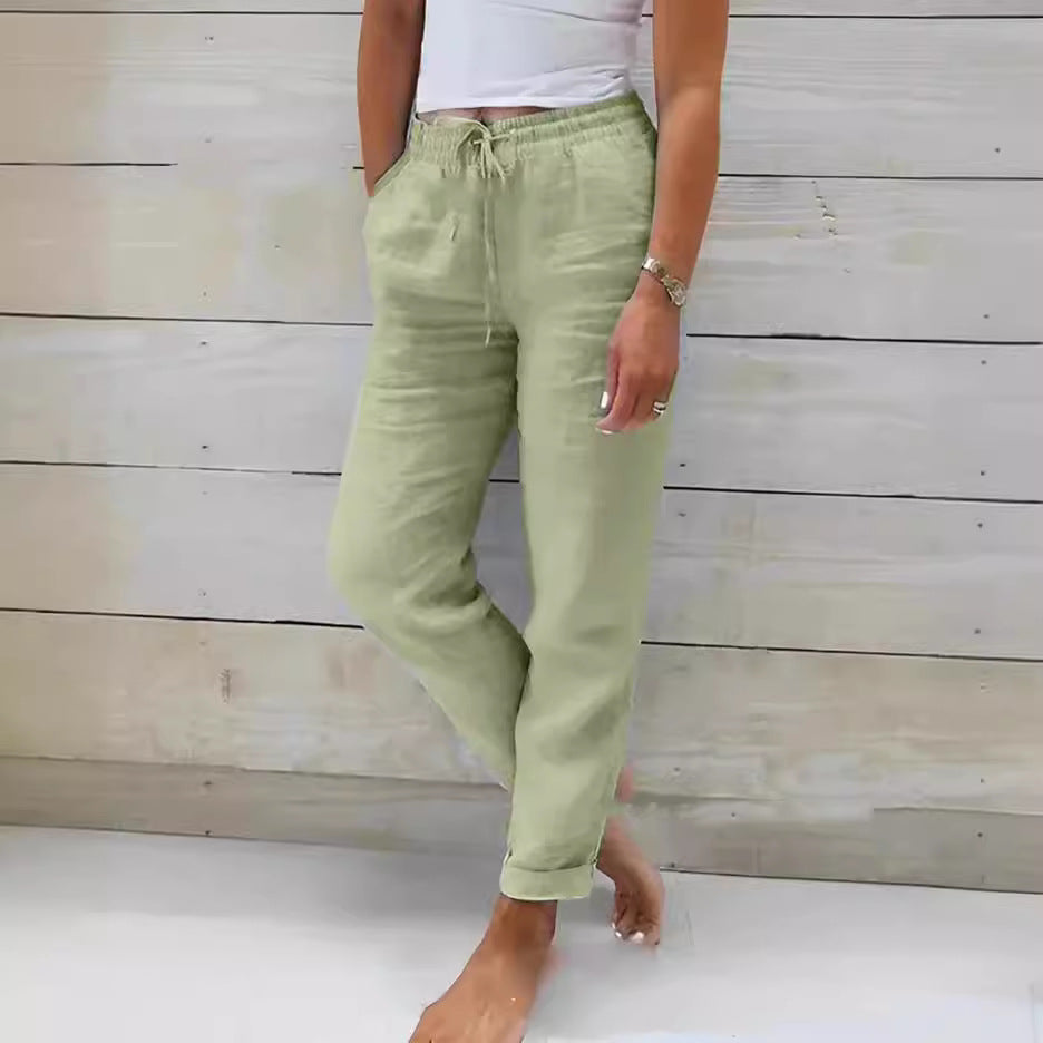 Elastic high-waisted solid color cotton and linen casual pants