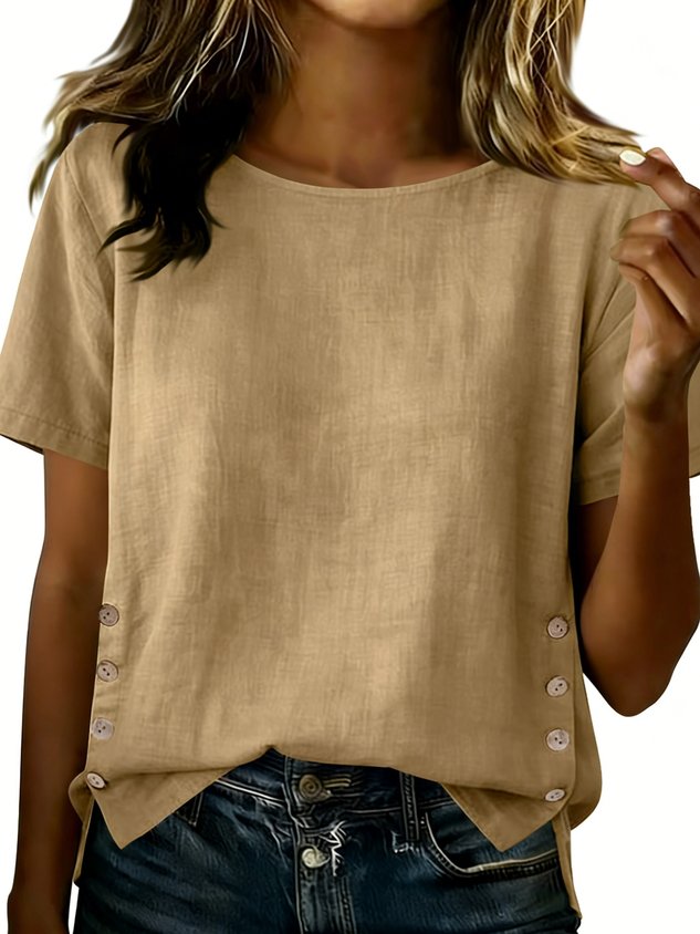 Cotton Linen Vintage Plain Round Neck Short Sleeve Side Button Casual Top
