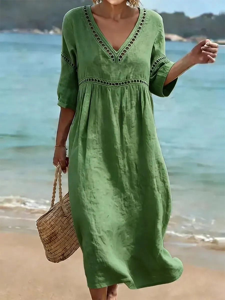 Elegant and casual V-neck solid color dress