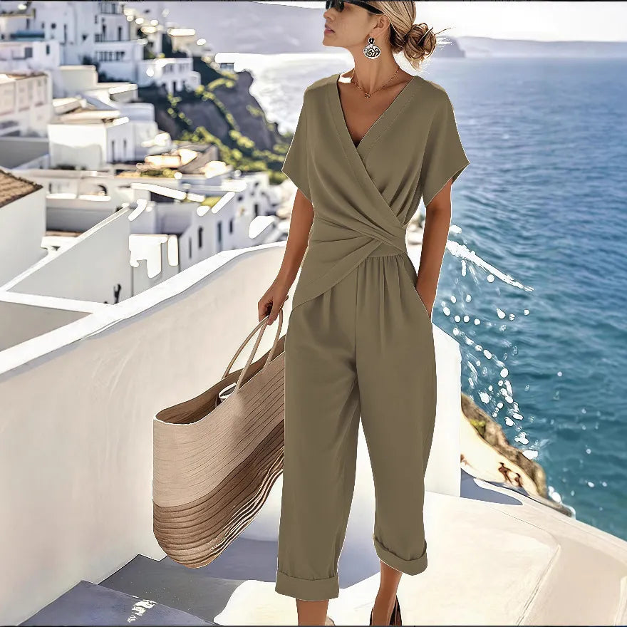 Wrap V Neck Twisted Waist Pocket Jumpsuit Women