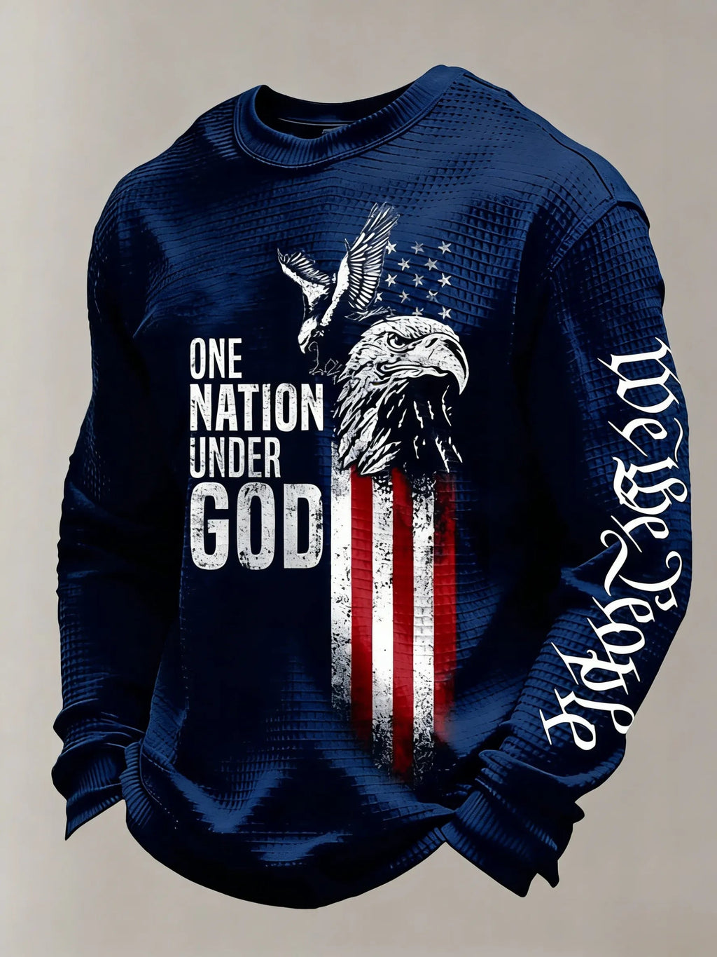 Men's One Nation Under God Retro Eagle & Flag Print Waffle-Knit Long-Sleeve Top