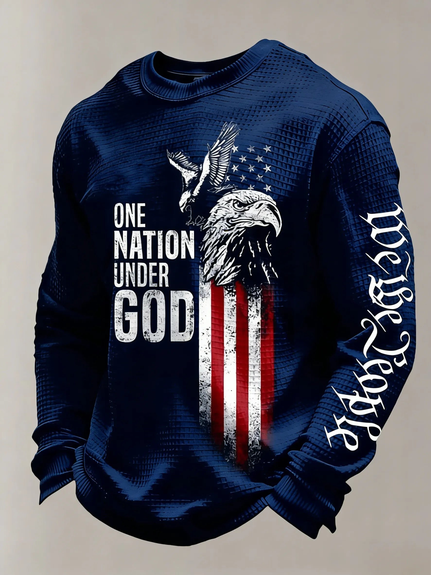 Men's One Nation Under God Retro Eagle & Flag Print Waffle-Knit Long-Sleeve Top