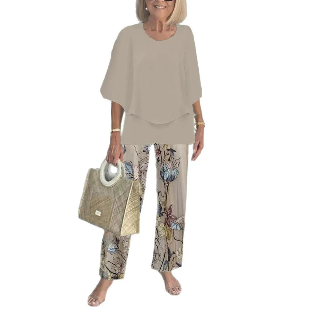 Women Round Neck Mid Sleeve Loose Top & Printed Straight Pants 2 Piece Co Ord Set