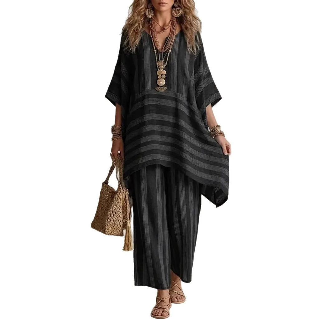 Women Striped V-Neck Batwing Sleeve Top & Wide Leg Pants 2 Piece Resort Loungewear Set