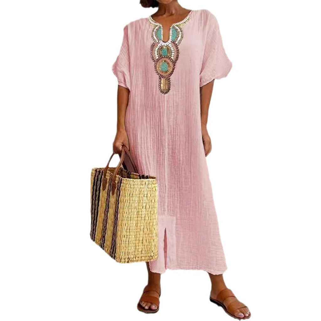 Women's Boho Embroidered Linen-Blend Kaftan Maxi Dress