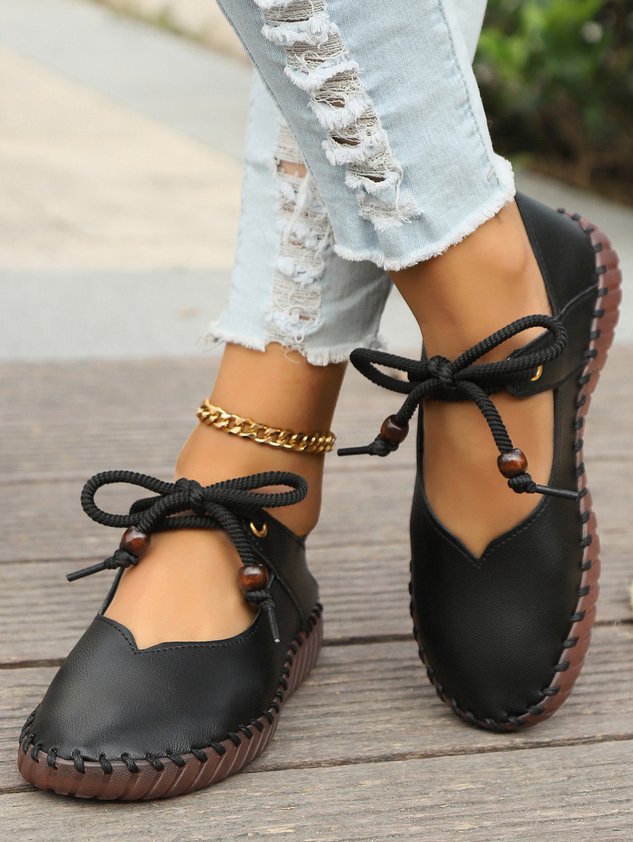 Vintage British Round Toe Women's PU Leather Shoes