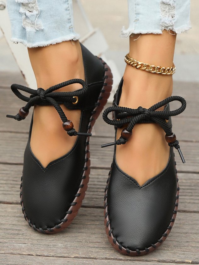 Vintage British Round Toe Women's PU Leather Shoes