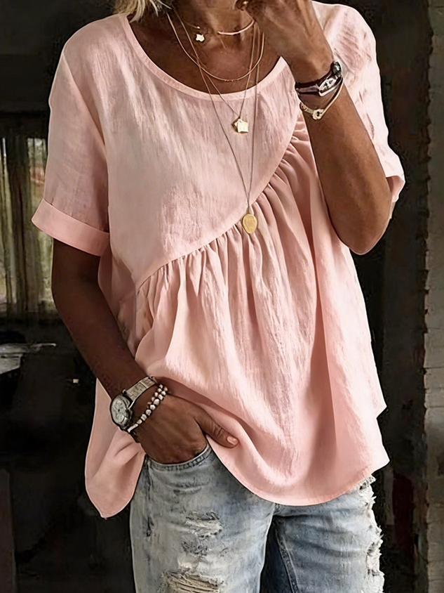 Cotton Shirt Sleeve Round Neck Summer Casual Top