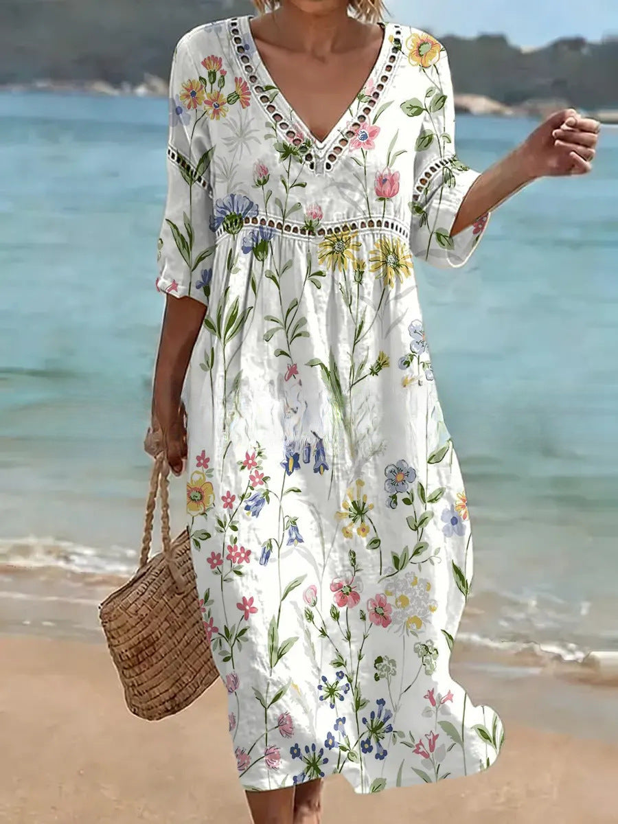 Women's V-Neck Floral & Print Midi Dress