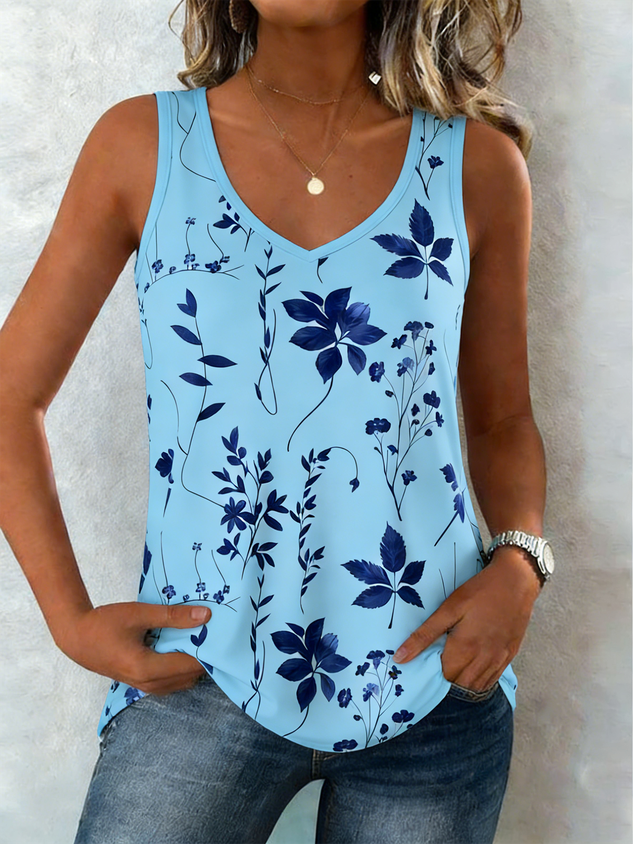 V Neck Street Cotton-Blend Loose Tank Top