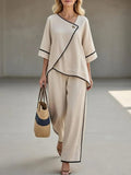 Women's Asymmetric Wrap Linen 2 Piece Pants Set