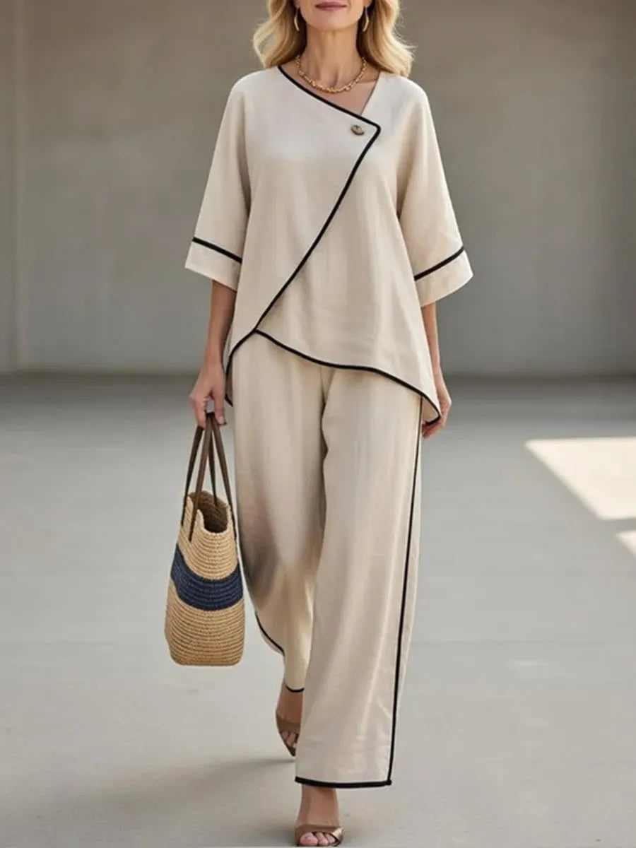 Women's Asymmetric Wrap Linen 2 Piece Pants Set