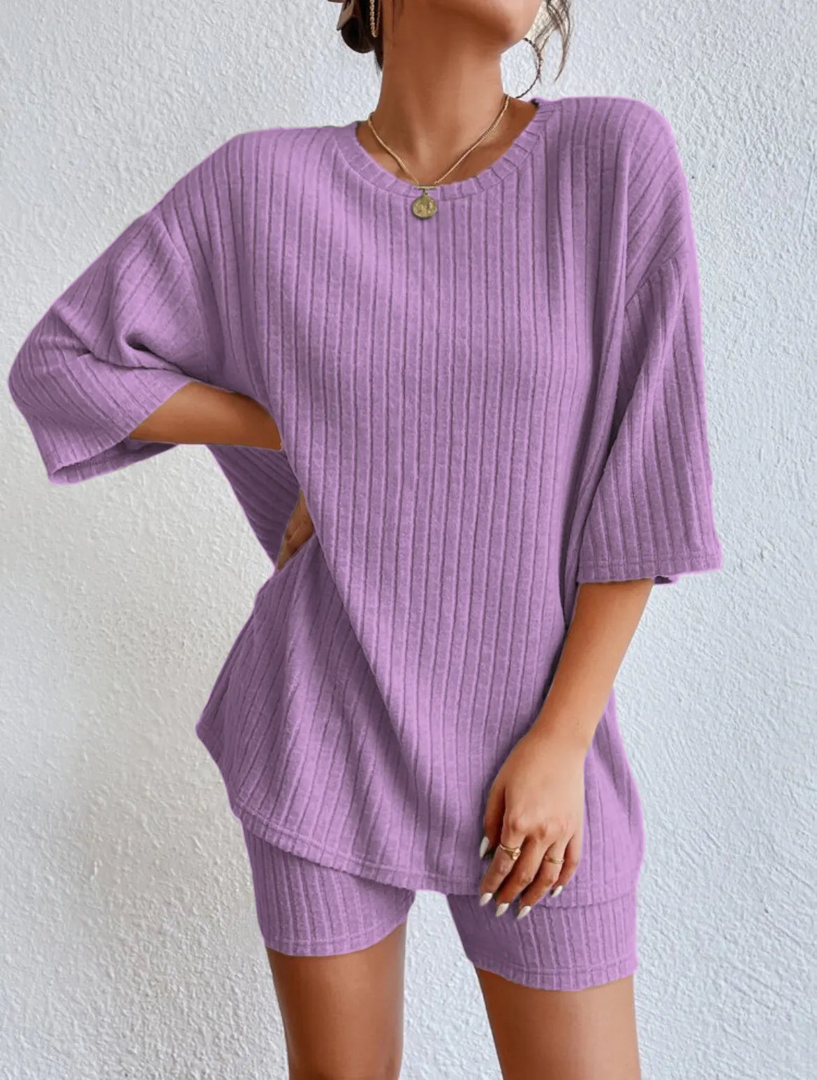 Women Crew Neck Drop Shoulder Half Sleeve Top & High Waist Shorts 2 Piece Loungewear Set