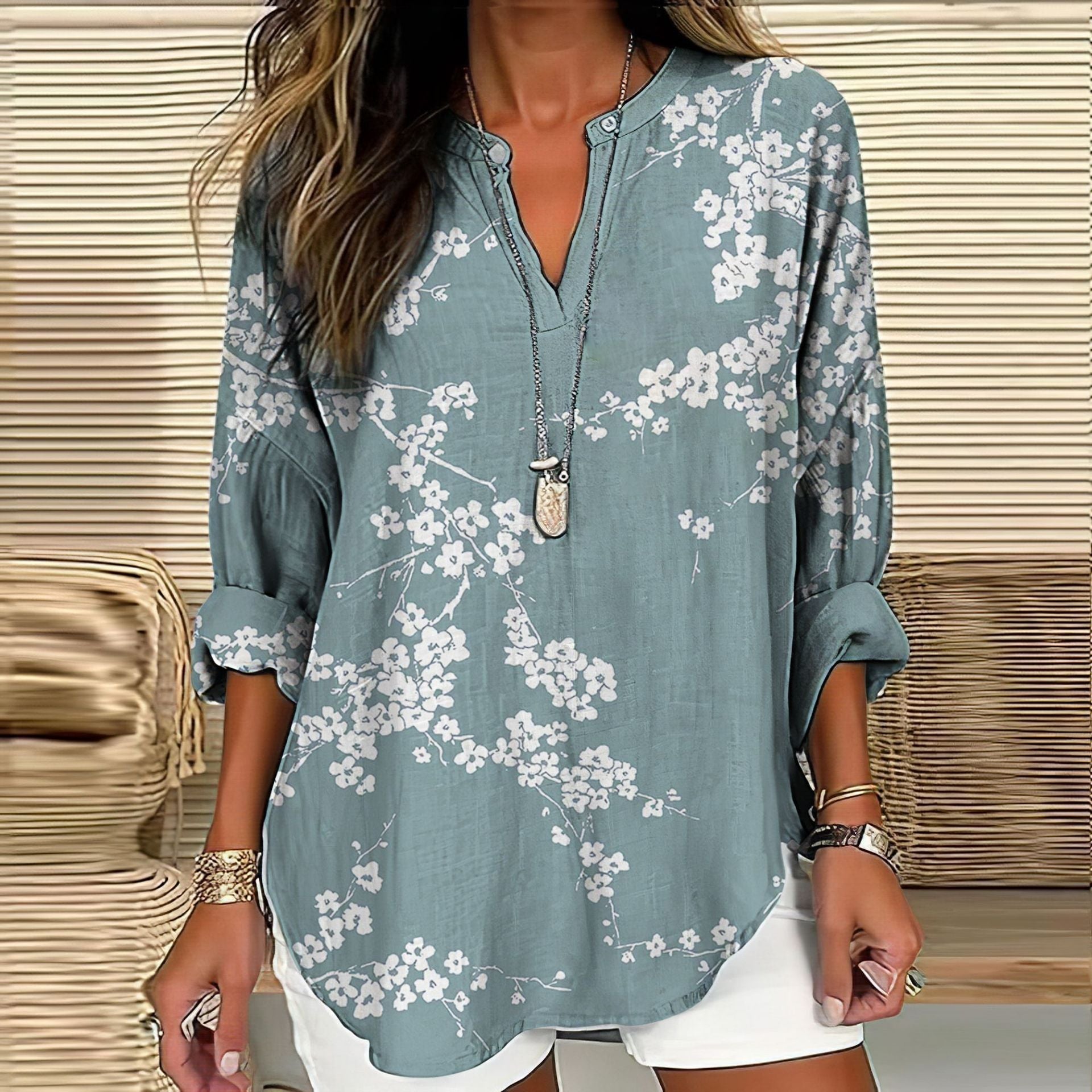 Split V-Neck 3/4 Sleeve Loose Fit Casual Top