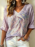 Women's Ocean Embellished V-Neck Knit Top – Relaxed Rolled Sleeve Style