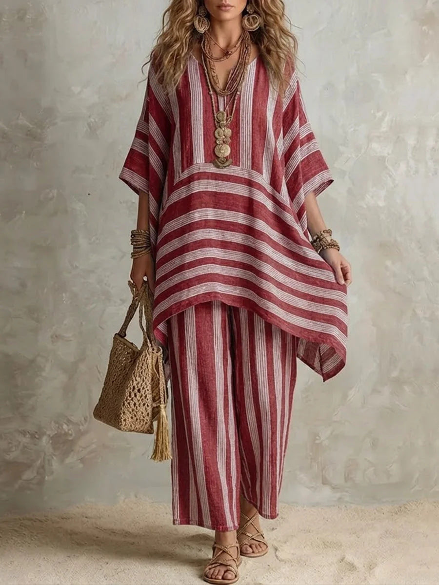 Women Striped V-Neck Batwing Sleeve Top & Wide Leg Pants 2 Piece Resort Loungewear Set