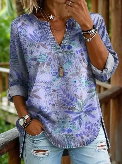 Bohemian Graphic Print Women Tunic Top Notch Collar Half Placket 3/4 Sleeve Pocket Casual Daily Blouse