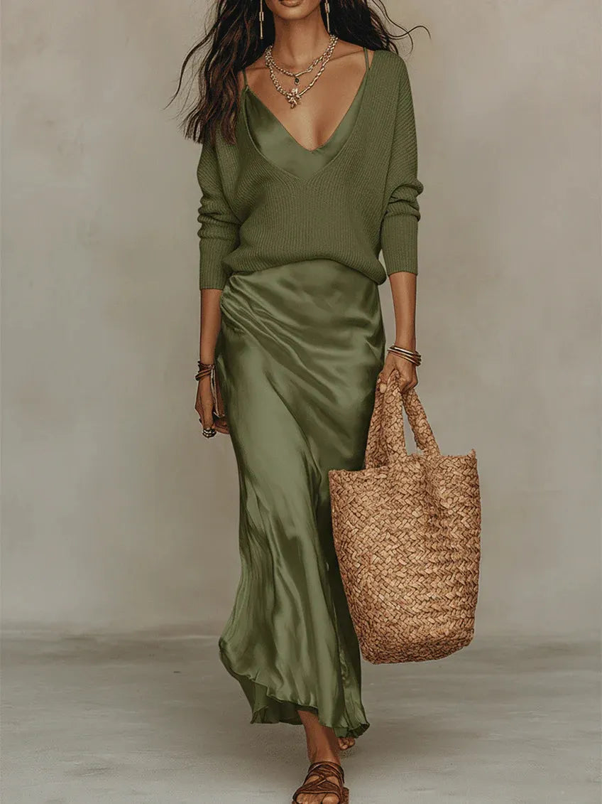 Women V Neck Loose Knit Pullover Satin Spaghetti Strap Midi Dress Layered 2 Piece Outfit Set