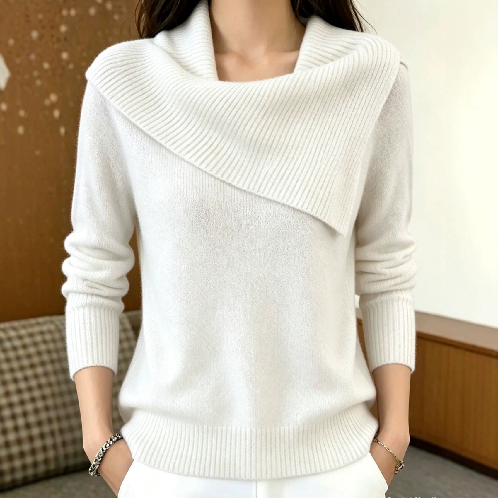 Women's Asymmetric Wide-Collar Knit Sweater