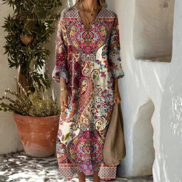 Women's Boho Floral Print Linen Maxi Dress