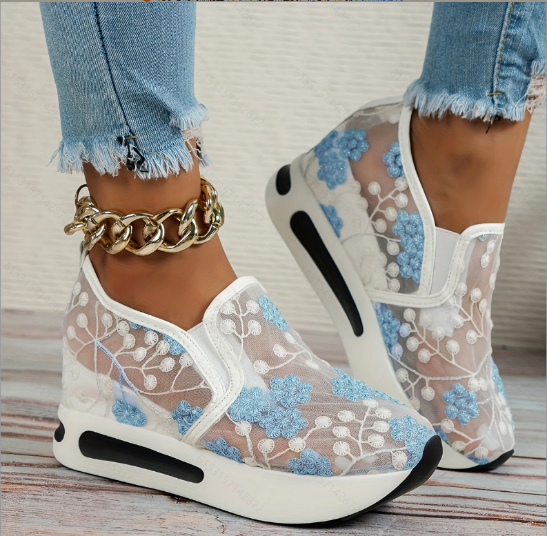 Floral Embroidery Breathable Sheer Mesh Sneakers