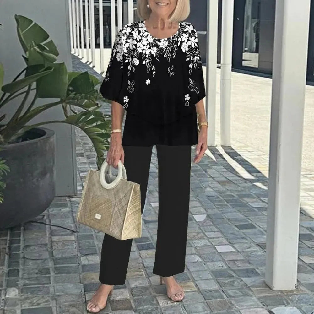 Women Round Neck Mid Sleeve Loose Top & Printed Straight Pants 2 Piece Co Ord Set