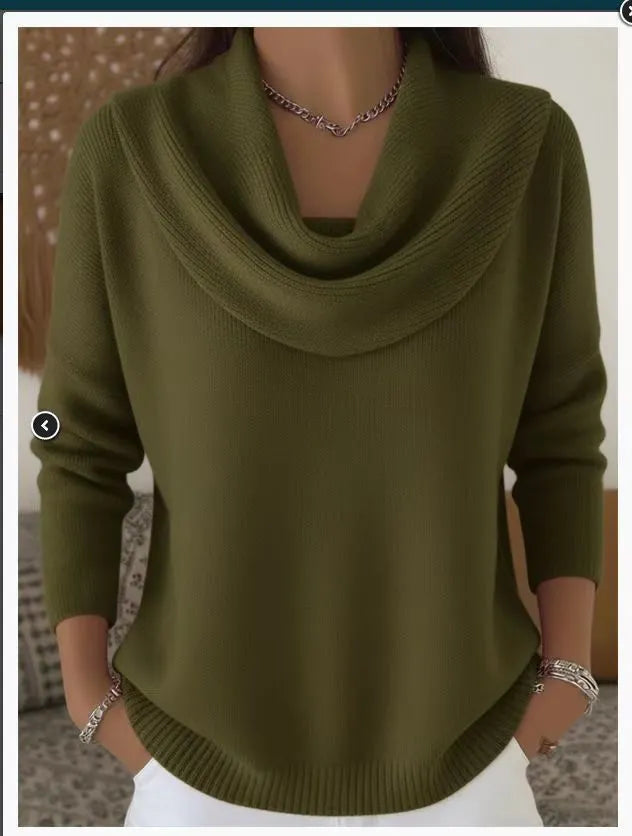 Women Cowl Collar Knit Sweater Solid Color Long Sleeve Pullover Casual Knit Top