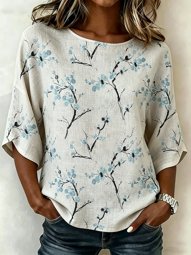 Cotton And Linen Floral Vintage Loose Shirt