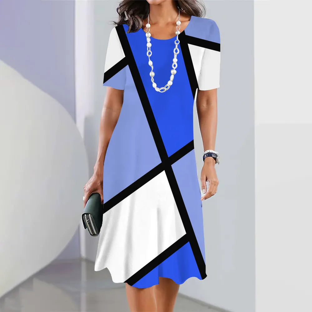 Women Geometric Color Block Short Sleeve Midi Dress