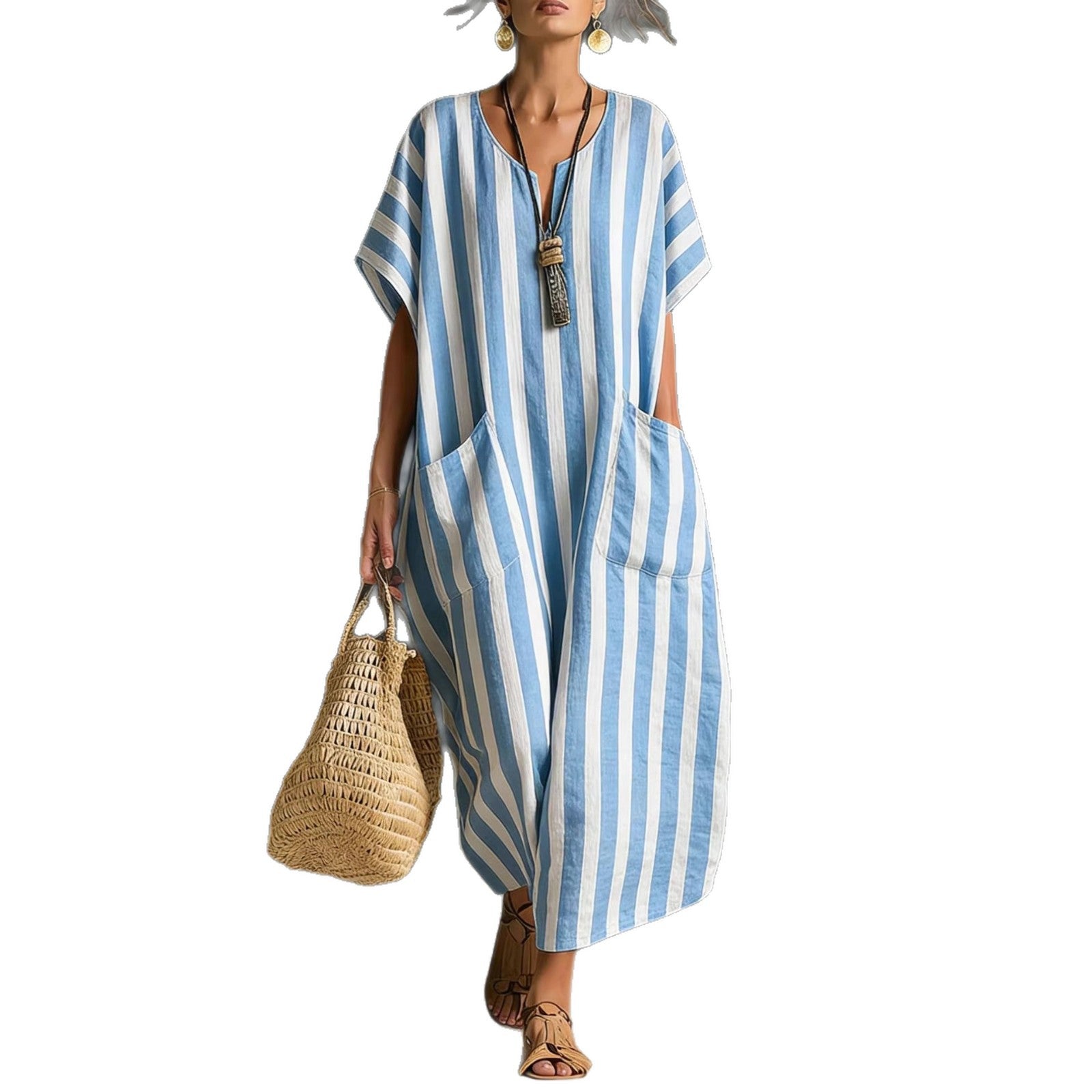 Women's V-Neck Striped Linen Dress