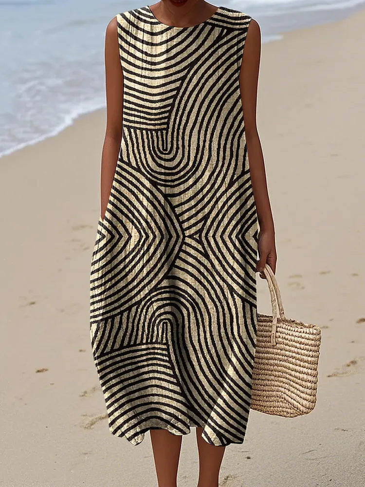 Cotton Linen Printed Midi Dress | Women's Sleeveless Beach Vacation Dress