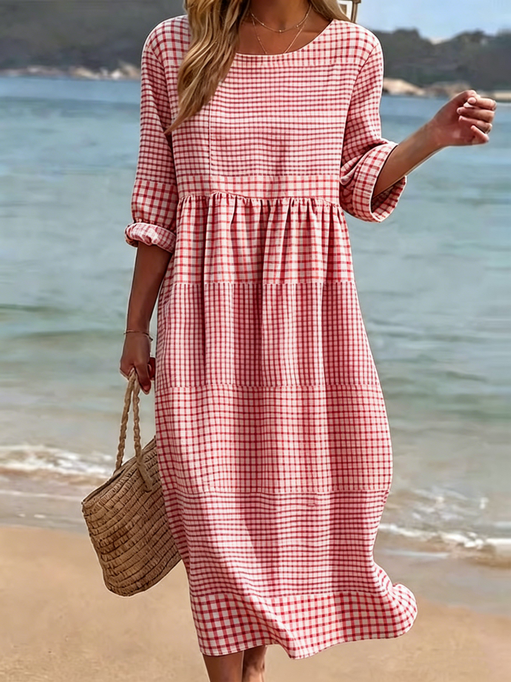 New Arrivals🔥 Women's Casual Round Neck Mid Sleeve Print Cotton and Linen Dress- Fast Shipping