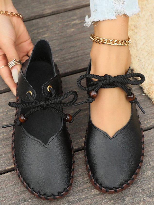 Vintage British Round Toe Women's PU Leather Shoes