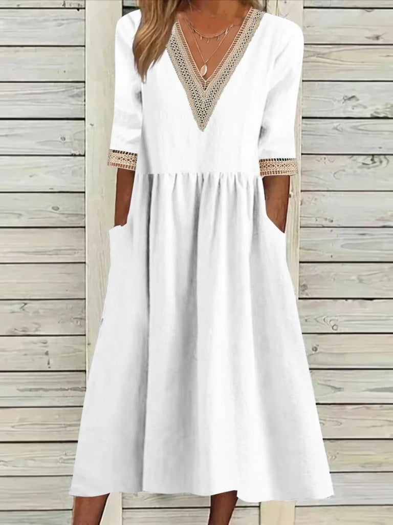 Women's V-Neck Lace Trim Midi Dress