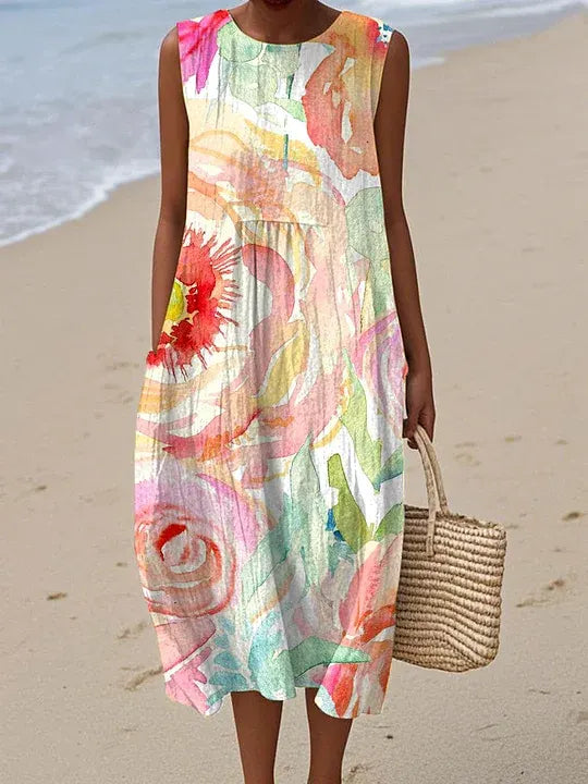 Cotton Linen Printed Midi Dress | Women's Sleeveless Beach Vacation Dress