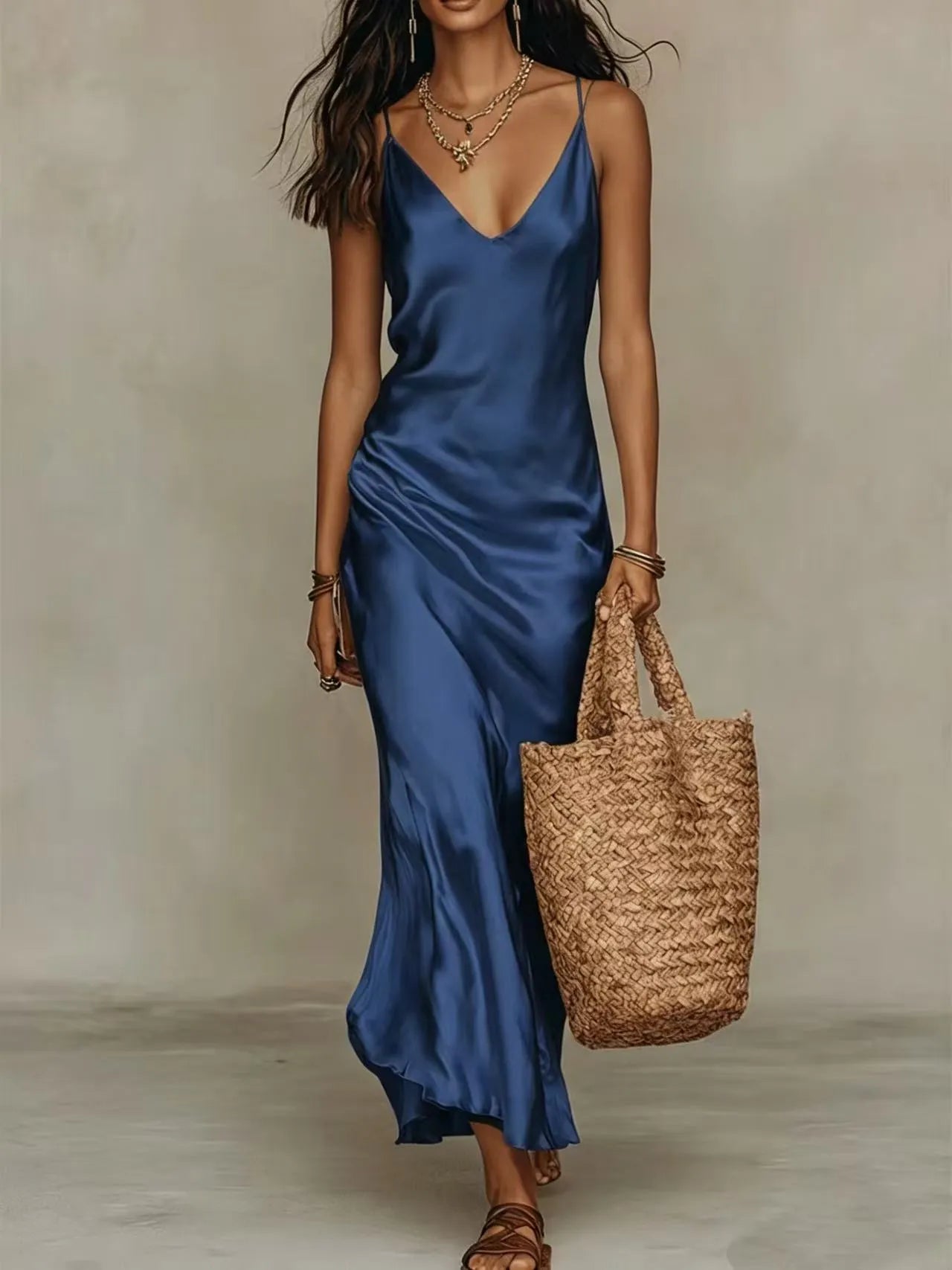 Women V Neck Loose Knit Pullover Satin Spaghetti Strap Midi Dress Layered 2 Piece Outfit Set