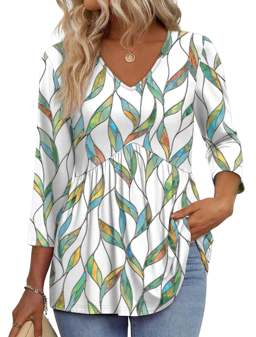 Women V Neck 3/4 Sleeve Leaf Print Empire Waist Tunic Top