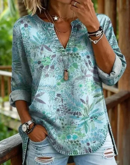 Bohemian Graphic Print Women Tunic Top Notch Collar Half Placket 3/4 Sleeve Pocket Casual Daily Blouse