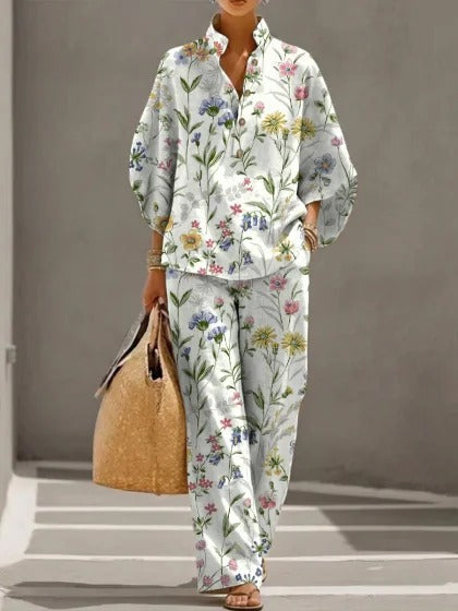 Stand-up collar polo shirt & wide-leg pants retro print two-piece set