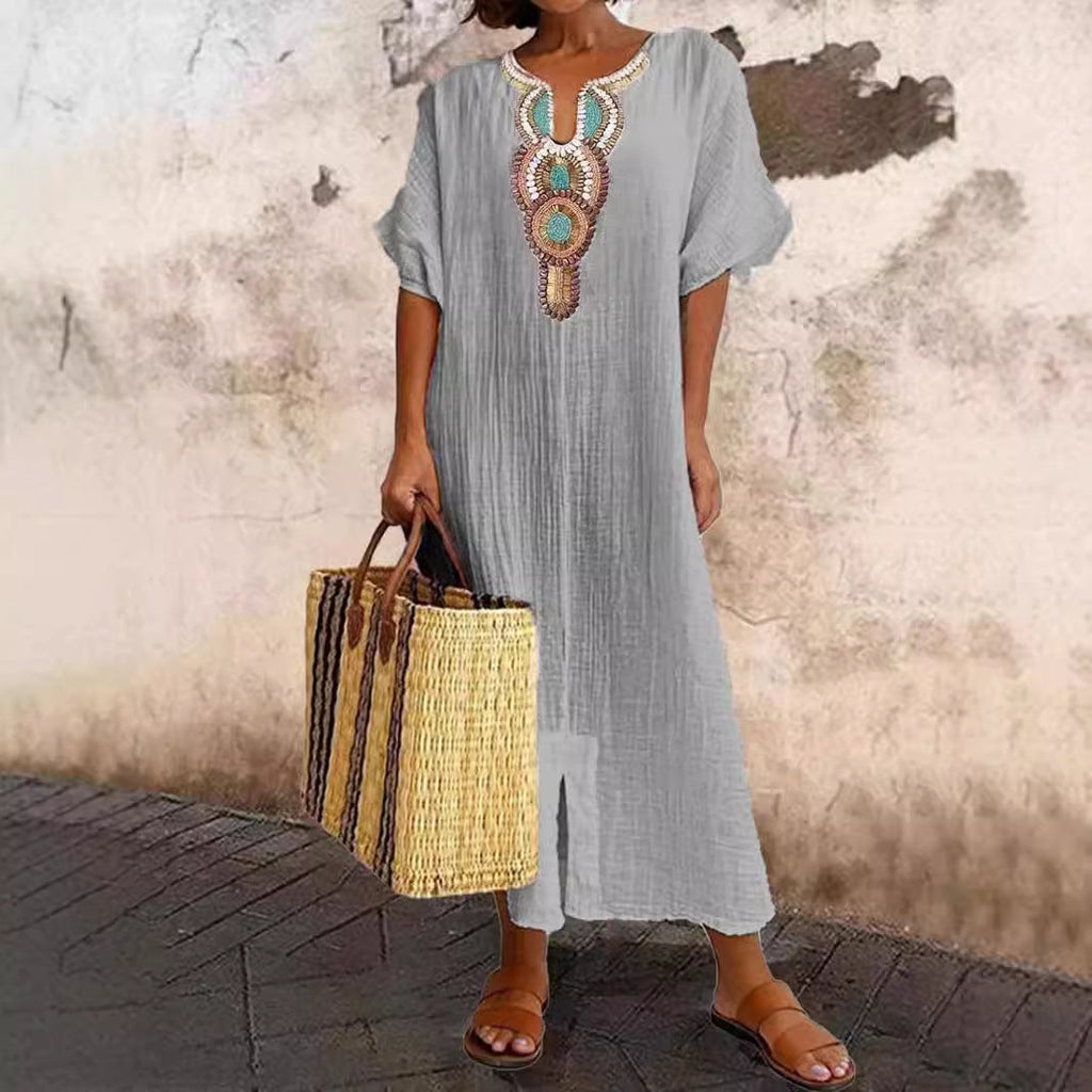 Women's Boho Embroidered Linen-Blend Kaftan Maxi Dress