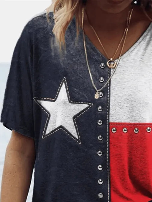 Women's Short Sleeve T-shirt Summer As Picture Independence Day (Flag) Printing V Neck Daily Going Out Casual Top