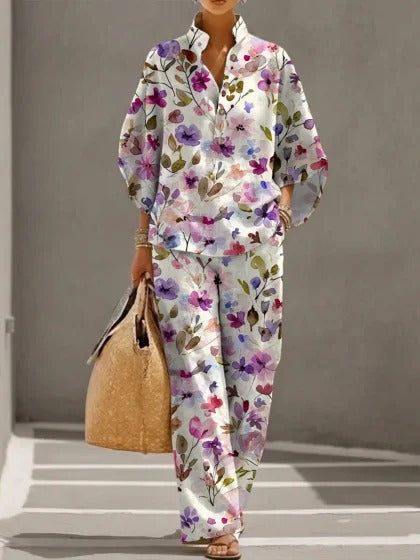 Stand-up collar polo shirt & wide-leg pants retro print two-piece set