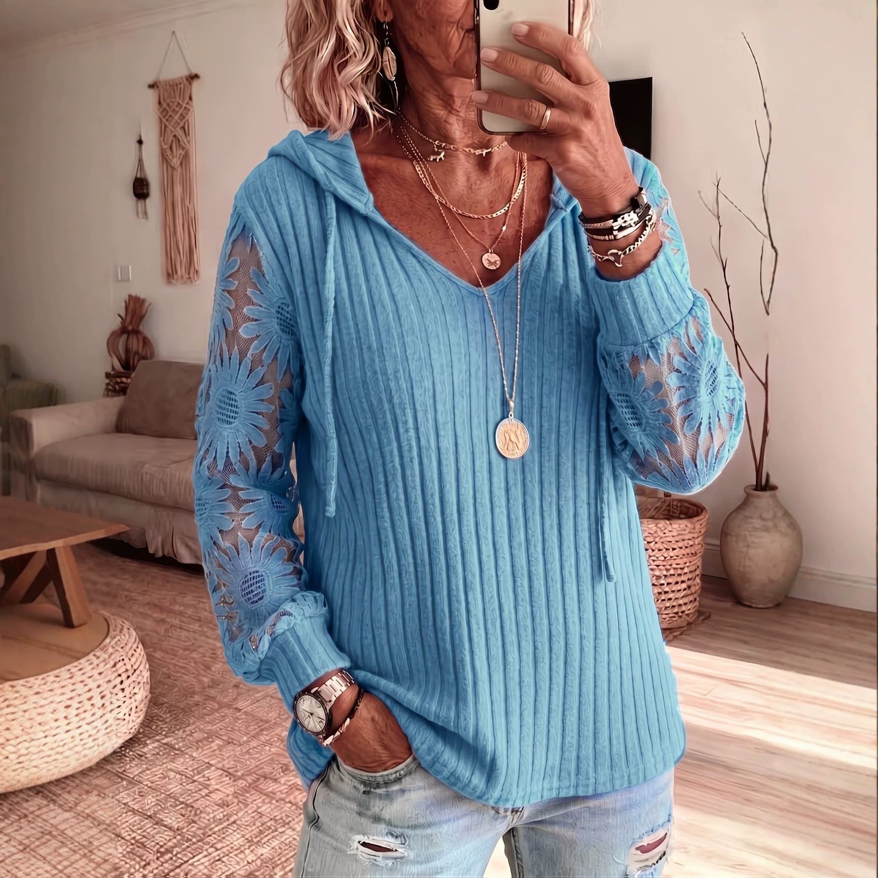 Ladies Drawstring Hoodie V‑Neck Lace Floral Long Sleeve Ribbed Knit Casual Pullover Top