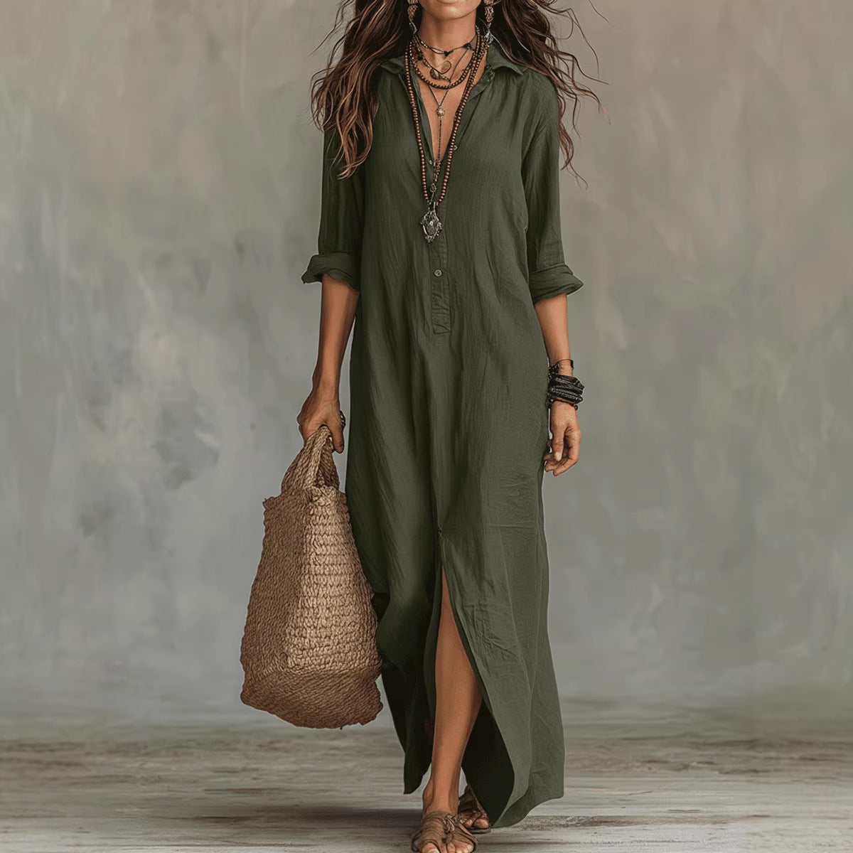 Women Lapel Half Button Maxi Shirt Dress Rolled 3/4 Sleeve Front High Slit Loose Boho Long Dress