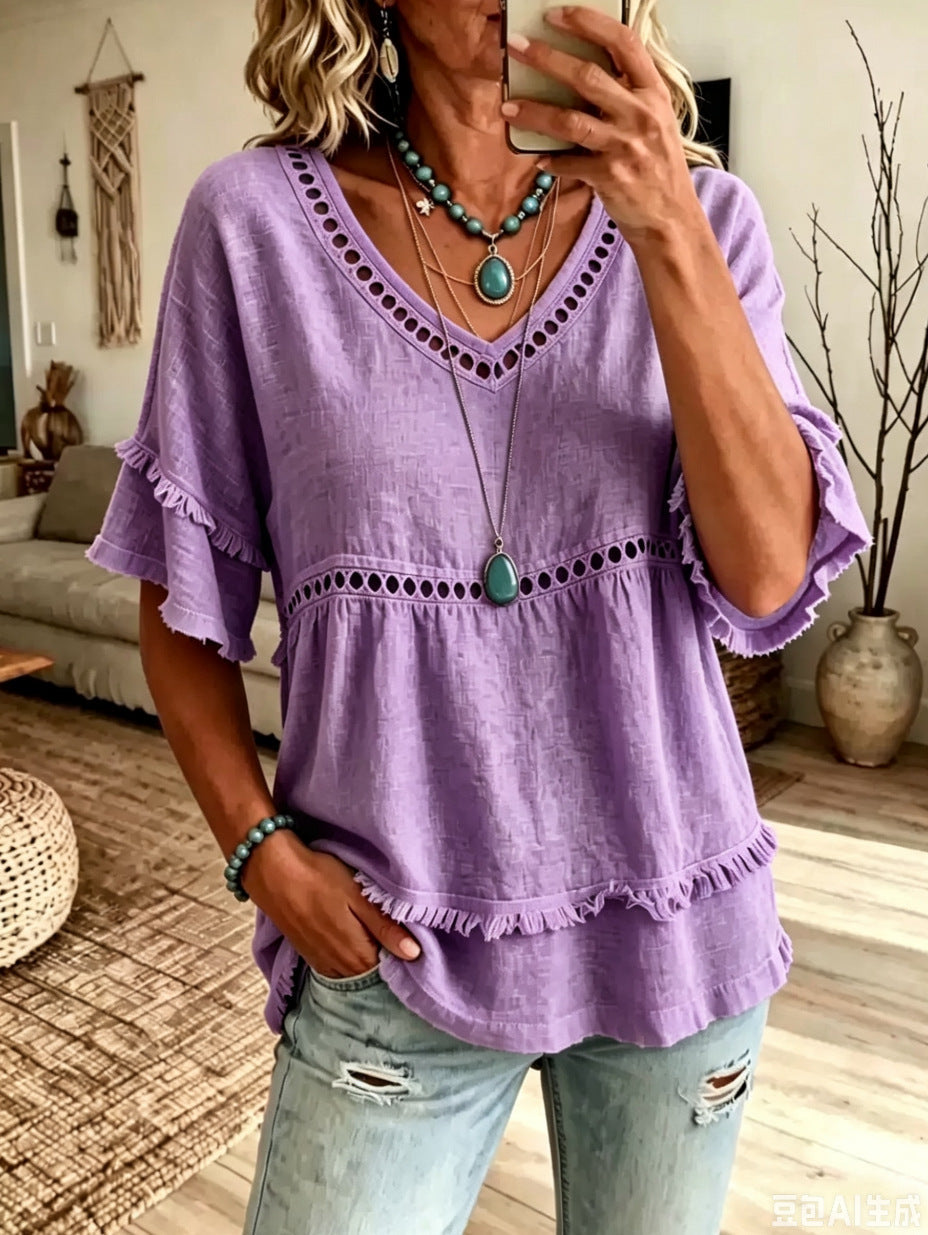 Women's V-Neck Eyelet Ruffle Trim Peplum Blouse