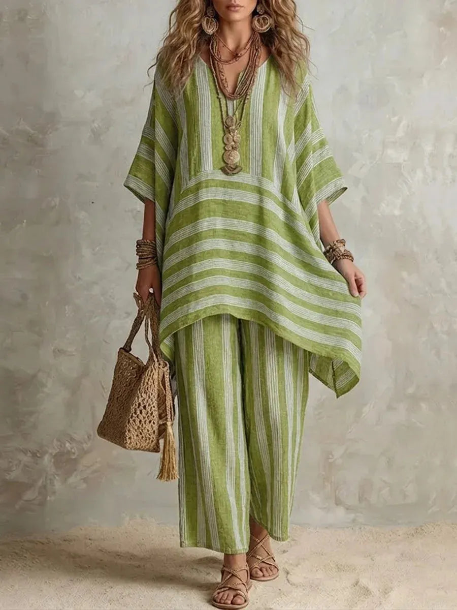 Women Striped V-Neck Batwing Sleeve Top & Wide Leg Pants 2 Piece Resort Loungewear Set